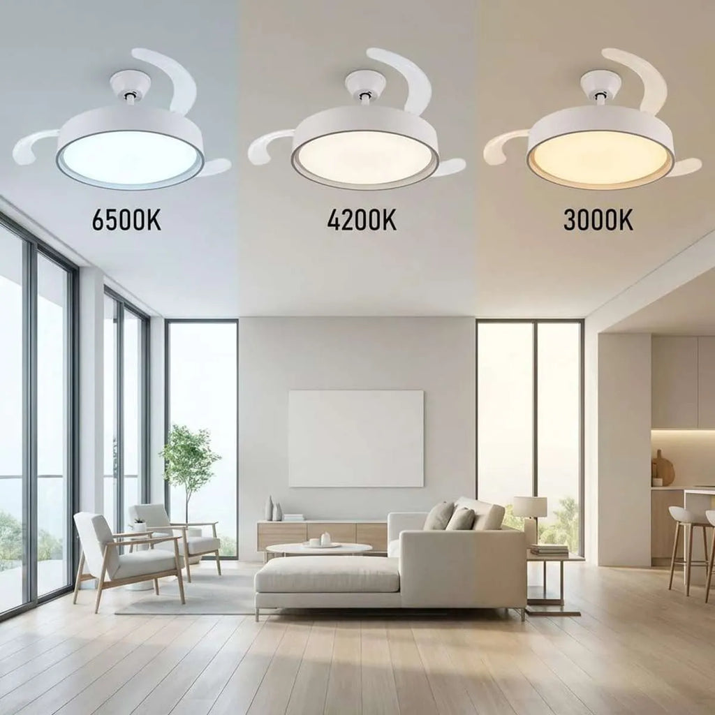 Ventilador de techo con 3 aspas retráctiles, Mando a distáncia, Lud Led 70W, Motor DC 30W