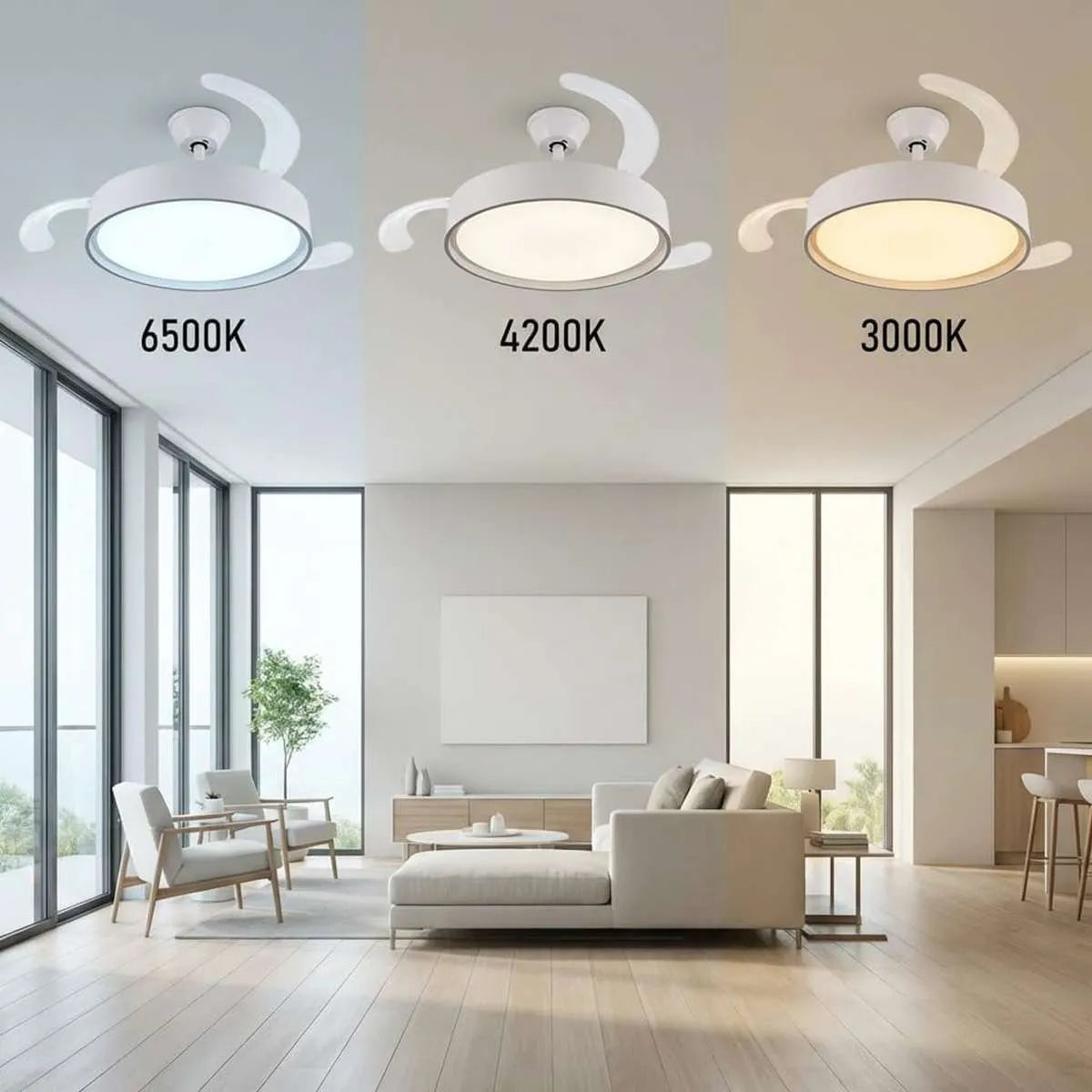 Ventilador de techo con 3 aspas retráctiles, Mando a distáncia, Lud Led 70W, Motor DC 30W
