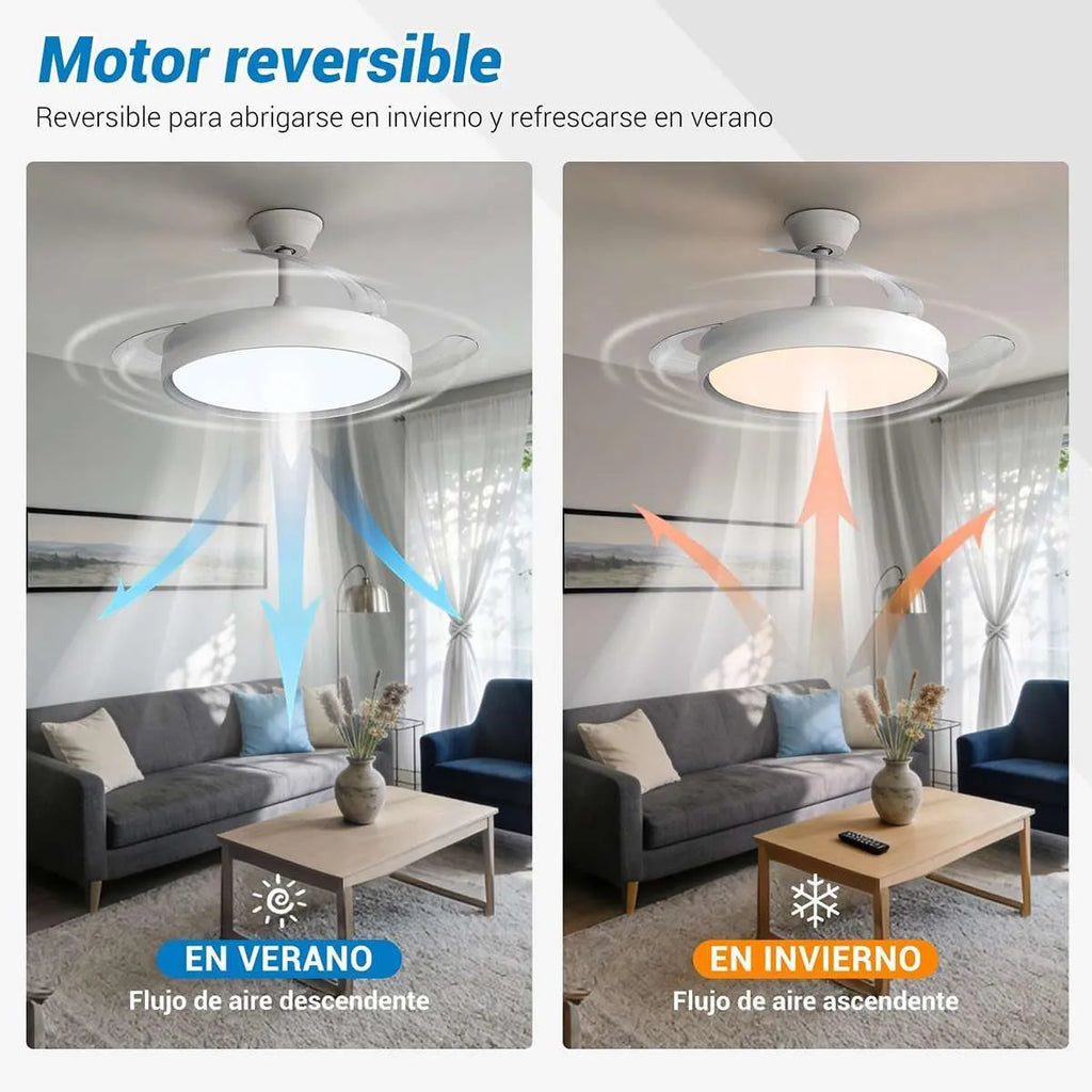 Ventilador de techo con 3 aspas retráctiles, Mando a distáncia, Lud Led 70W, Motor DC 30W