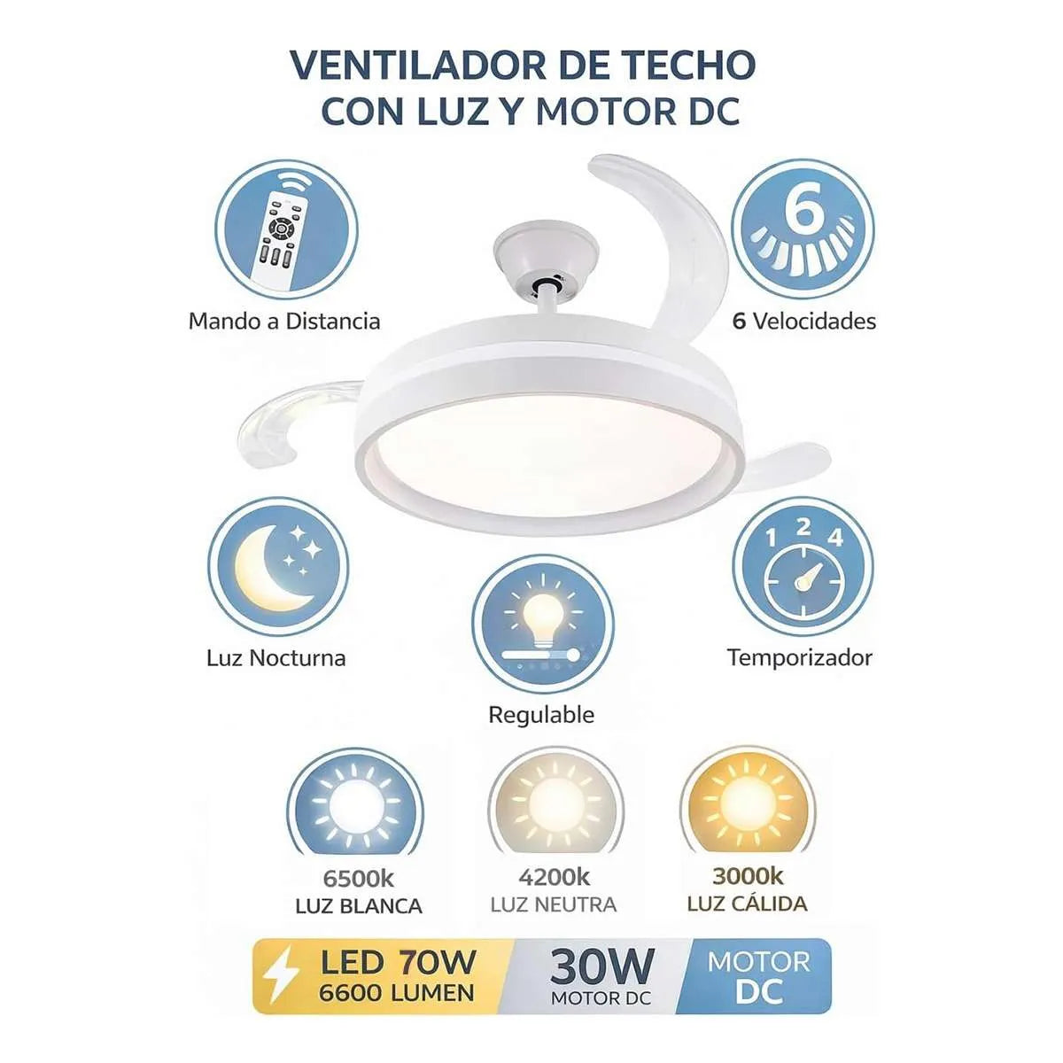 Ventilador de techo con 3 aspas retráctiles, Mando a distáncia, Lud Led 70W, Motor DC 30W
